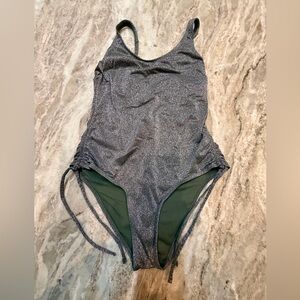 Xhilaration Metallic Silver Shimmer One Piece Swimsuit Side Tie Scrunch Size M